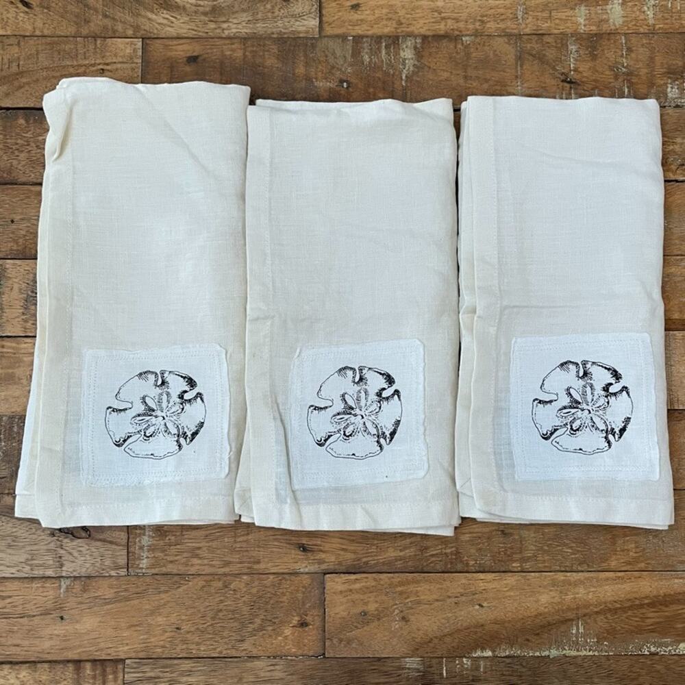 Pottery Barn Ivory Linen Napkin Set of 3 Embroidered Patch 20 x 20